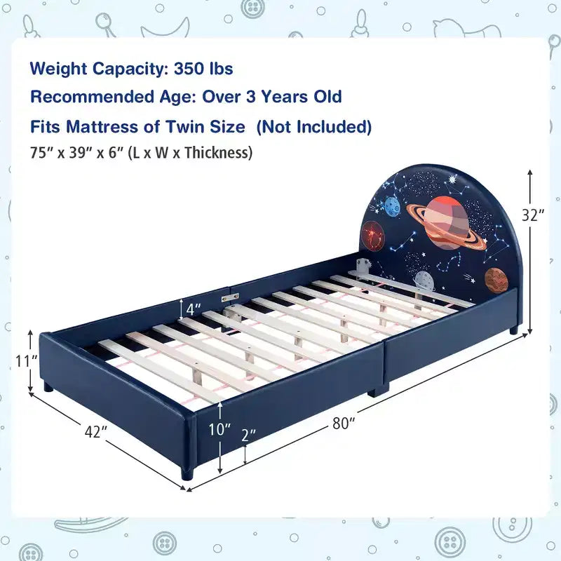 Costway Lit plateforme rembourré pour enfants Lit simple en bois motif galaxie