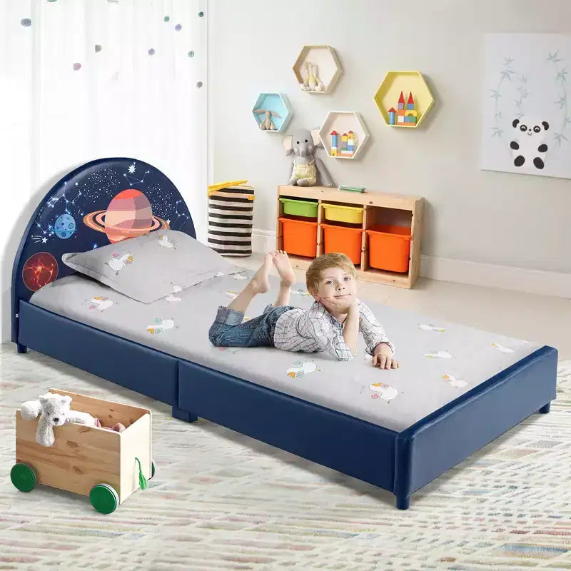 Costway Lit plateforme rembourré pour enfants Lit simple en bois motif galaxie