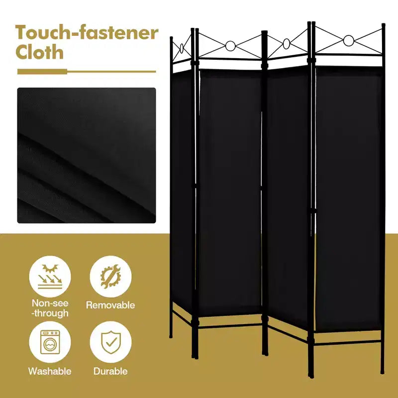 Costway Paravent Pliant 4 Panneaux 1,8 m Cadre en Acier Autoportant Brise-vue Marron/Noir/Blanc