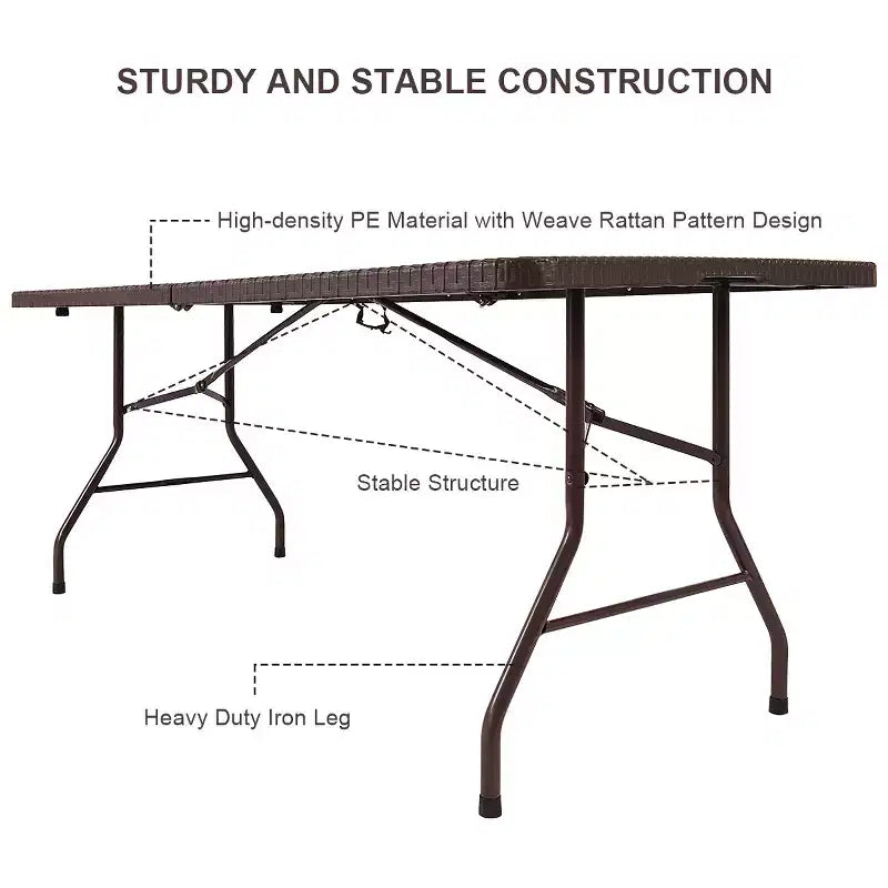 Costway Table pliante 180 cm effet rotin Portable Intérieur Extérieur Pique-nique Fête Repas Camping