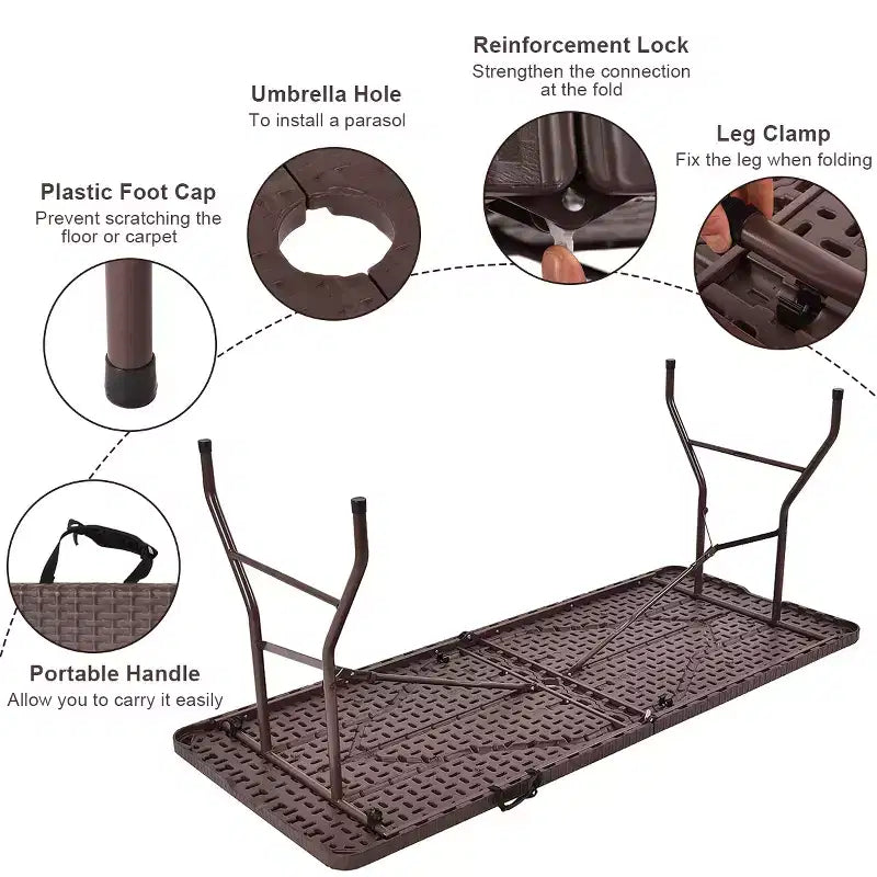 Costway Table pliante 180 cm effet rotin Portable Intérieur Extérieur Pique-nique Fête Repas Camping