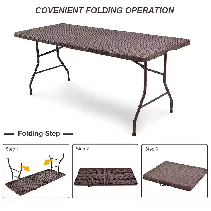 Costway Table pliante 180 cm effet rotin Portable Intérieur Extérieur Pique-nique Fête Repas Camping