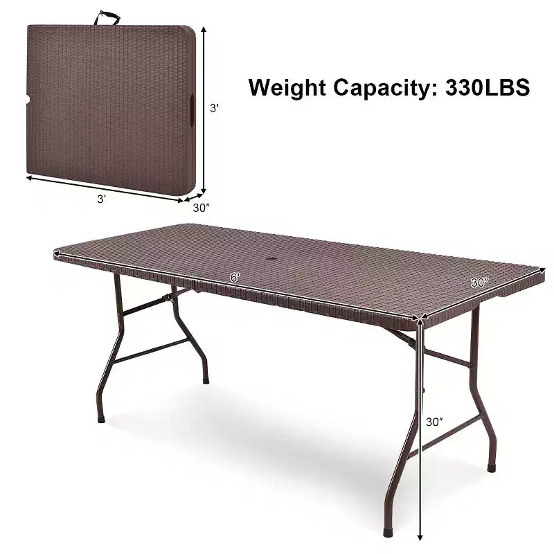 Costway Table pliante 180 cm effet rotin Portable Intérieur Extérieur Pique-nique Fête Repas Camping