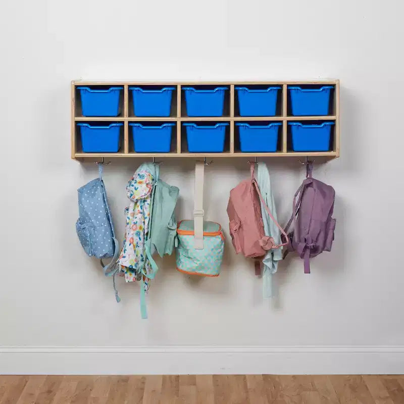 Vestiaire suspendu ECR4Kids Streamline à 10 sections avec 10 bacs à façade incurvée, espace de rangement casier