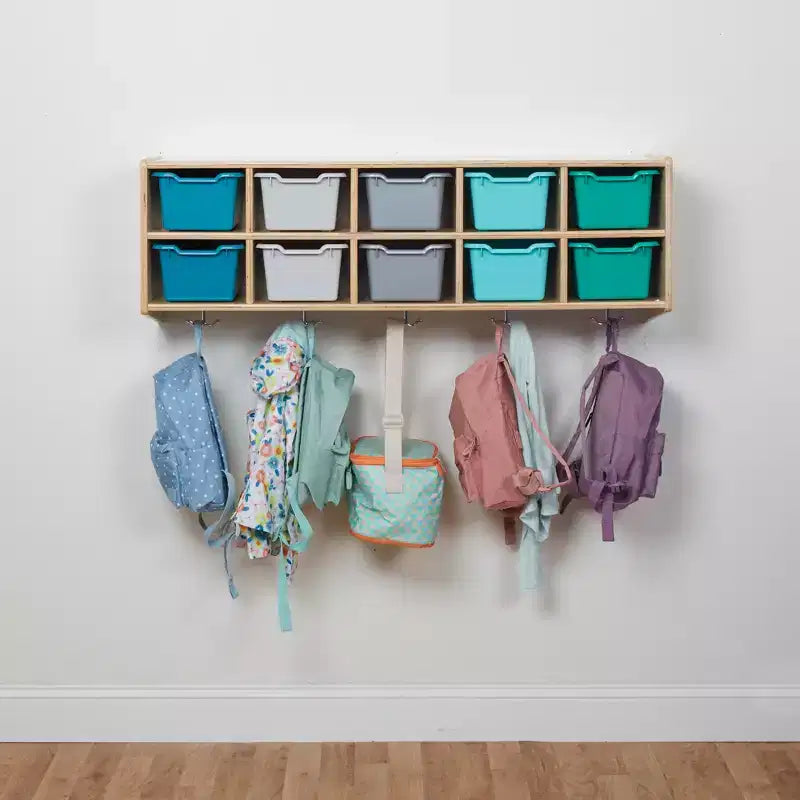 Vestiaire suspendu ECR4Kids Streamline à 10 sections avec 10 bacs à façade incurvée, espace de rangement casier