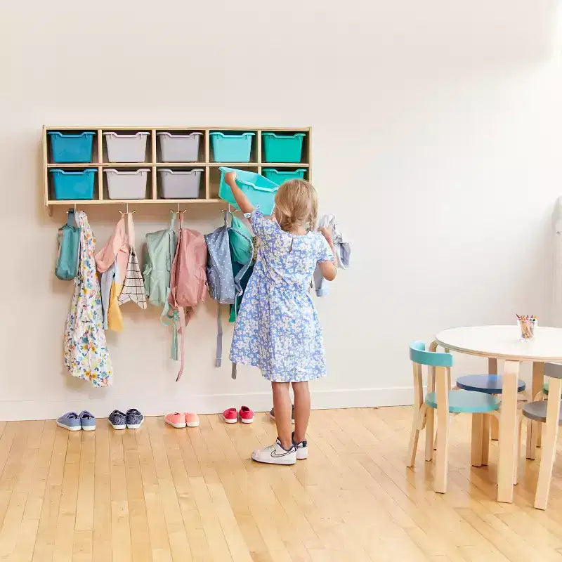 Vestiaire suspendu ECR4Kids Streamline à 10 sections avec 10 bacs à façade incurvée, espace de rangement casier
