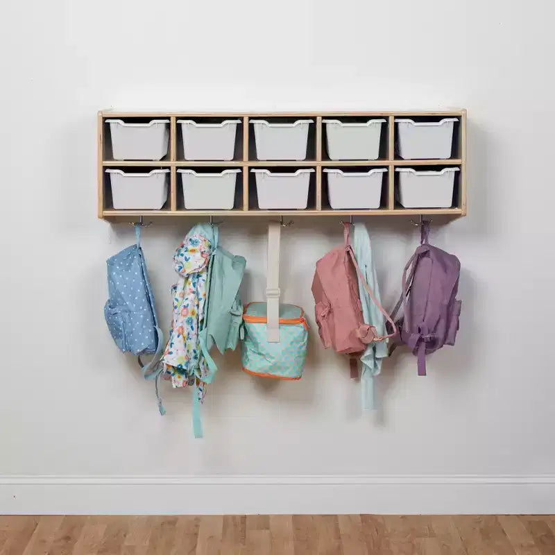 Vestiaire suspendu ECR4Kids Streamline à 10 sections avec 10 bacs à façade incurvée, espace de rangement casier