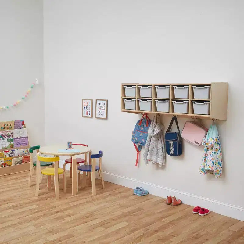 Vestiaire suspendu ECR4Kids Streamline à 10 sections avec 10 bacs à façade incurvée, espace de rangement casier