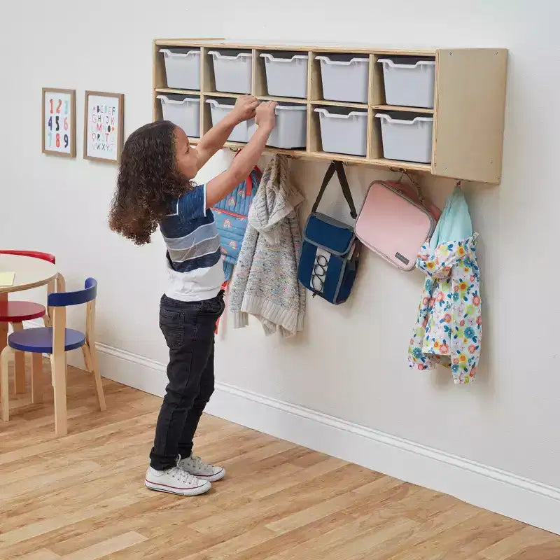 Vestiaire suspendu ECR4Kids Streamline à 10 sections avec 10 bacs à façade incurvée, espace de rangement casier
