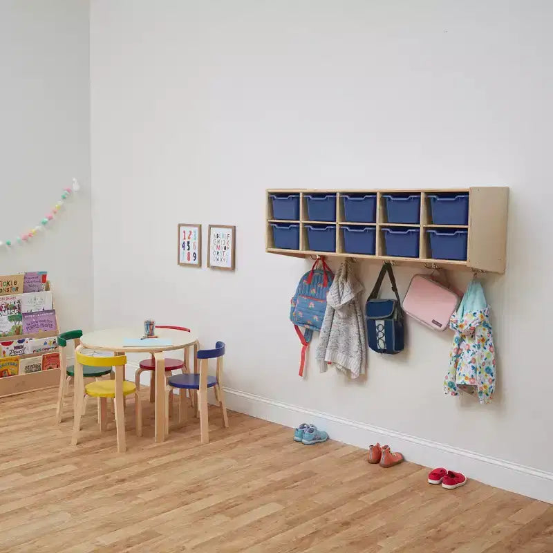 Vestiaire suspendu ECR4Kids Streamline à 10 sections avec 10 bacs à façade incurvée, espace de rangement casier