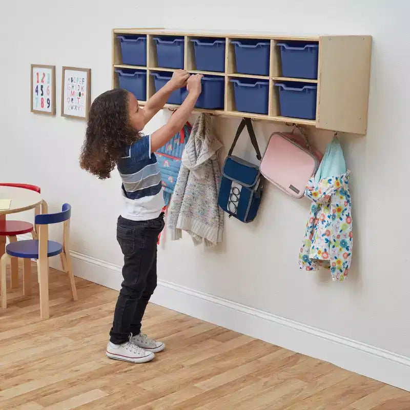 Vestiaire suspendu ECR4Kids Streamline à 10 sections avec 10 bacs à façade incurvée, espace de rangement casier