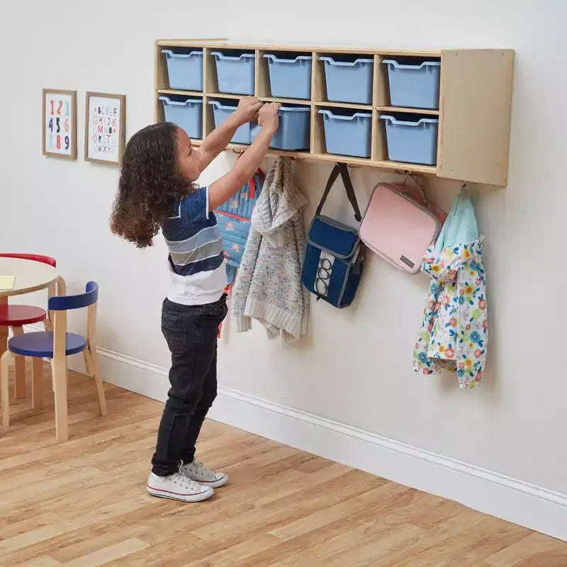 Vestiaire suspendu ECR4Kids Streamline à 10 sections avec 10 bacs à façade incurvée, espace de rangement casier