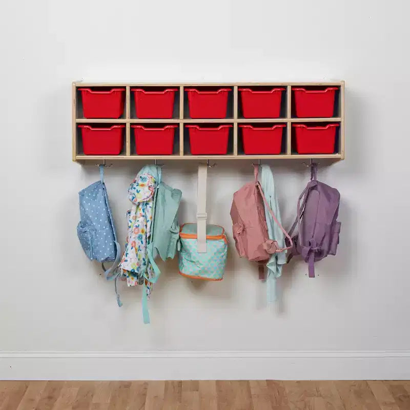 Vestiaire suspendu ECR4Kids Streamline à 10 sections avec 10 bacs à façade incurvée, espace de rangement casier
