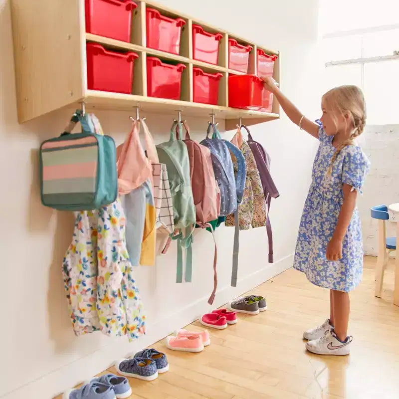 Vestiaire suspendu ECR4Kids Streamline à 10 sections avec 10 bacs à façade incurvée, espace de rangement casier