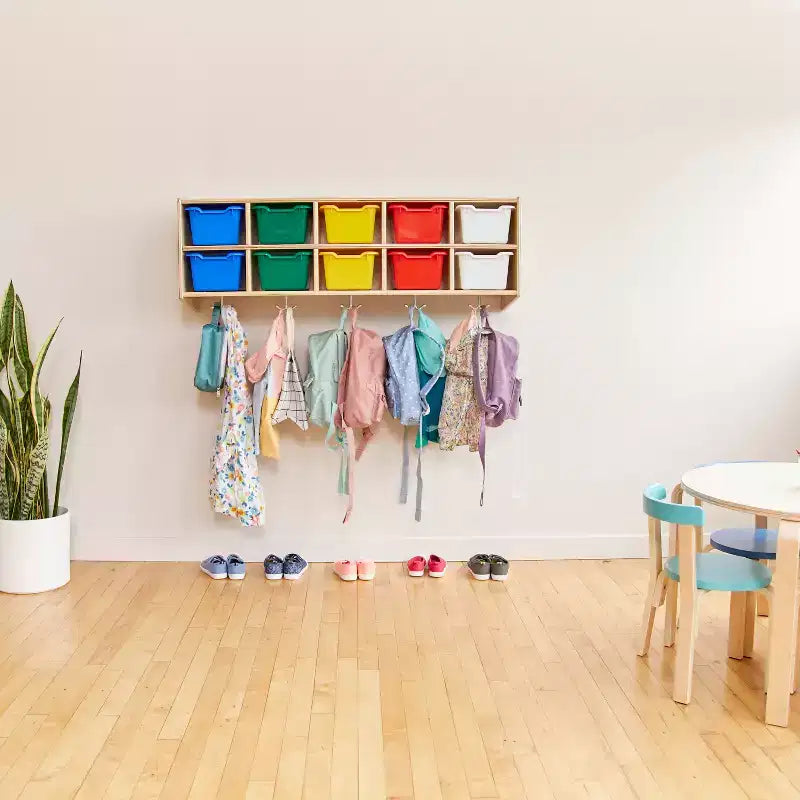 Vestiaire suspendu ECR4Kids Streamline à 10 sections avec 10 bacs à façade incurvée, espace de rangement casier