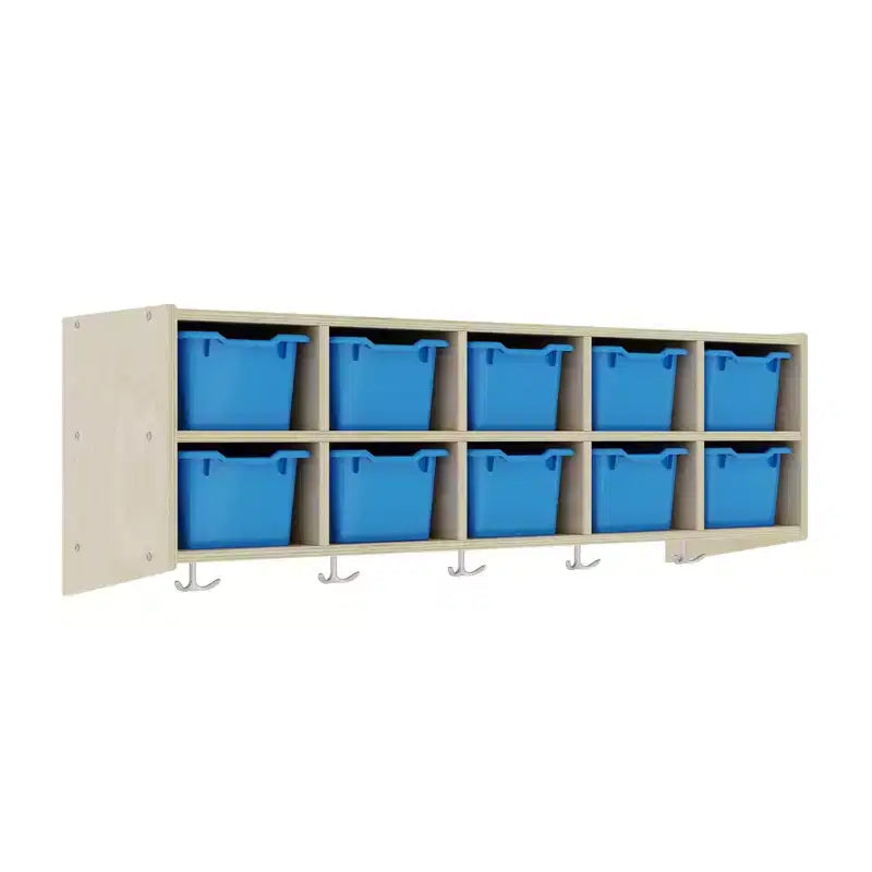 Vestiaire suspendu ECR4Kids Streamline à 10 sections avec 10 bacs à façade incurvée, espace de rangement casier