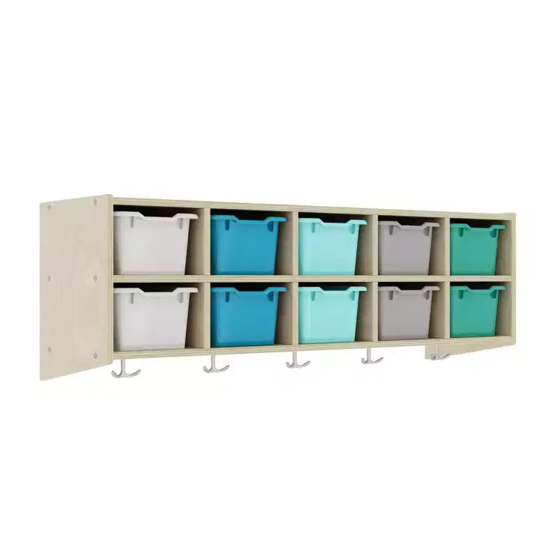 Vestiaire suspendu ECR4Kids Streamline à 10 sections avec 10 bacs à façade incurvée, espace de rangement casier