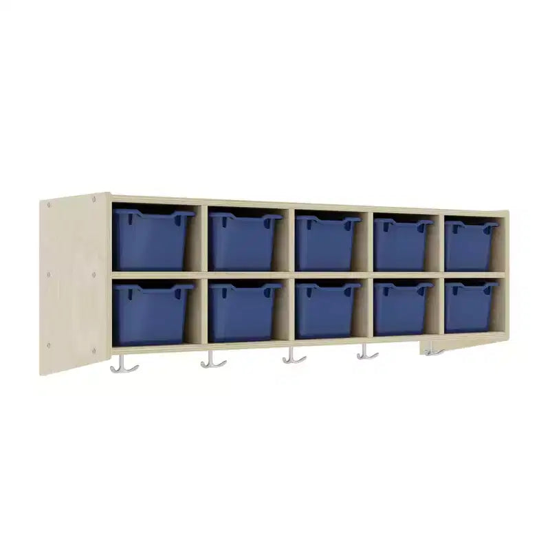 Vestiaire suspendu ECR4Kids Streamline à 10 sections avec 10 bacs à façade incurvée, espace de rangement casier