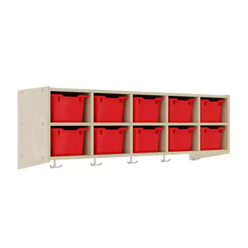 Vestiaire suspendu ECR4Kids Streamline à 10 sections avec 10 bacs à façade incurvée, espace de rangement casier