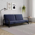 RealRooms Karli Structure de futon en métal noir avec accoudoirs, matelas bleu 6 pouces et housse noire supplémentaire