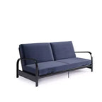 RealRooms Karli Structure de futon en métal noir avec accoudoirs, matelas bleu 6 pouces et housse noire supplémentaire