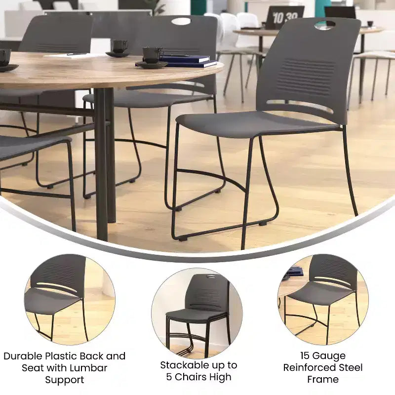 Flash Furniture Série HERCULES Ensemble de 5 chaises empilables en plastique de qualité commerciale, capacité 300 kg, avec piètement luge enduit de poudre et poignée de transport intégrée