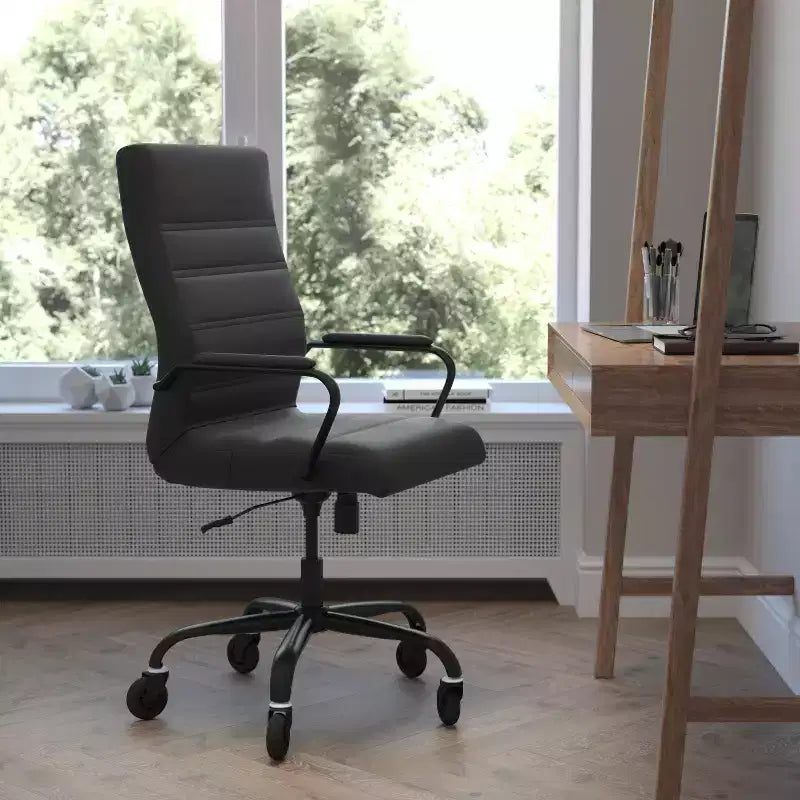 Flash Furniture Whitney, fauteuil de bureau exécutif pivotant à dossier haut avec cadre noir, accoudoirs et roulettes transparentes
