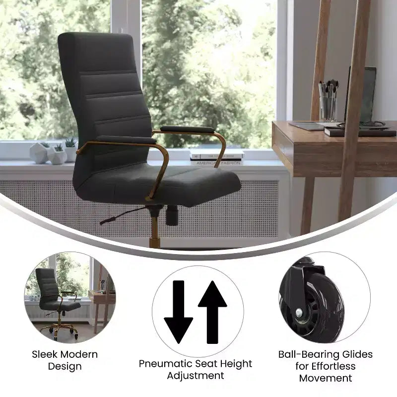 Flash Furniture Whitney, fauteuil de bureau exécutif pivotant à dossier haut avec cadre noir, accoudoirs et roulettes transparentes