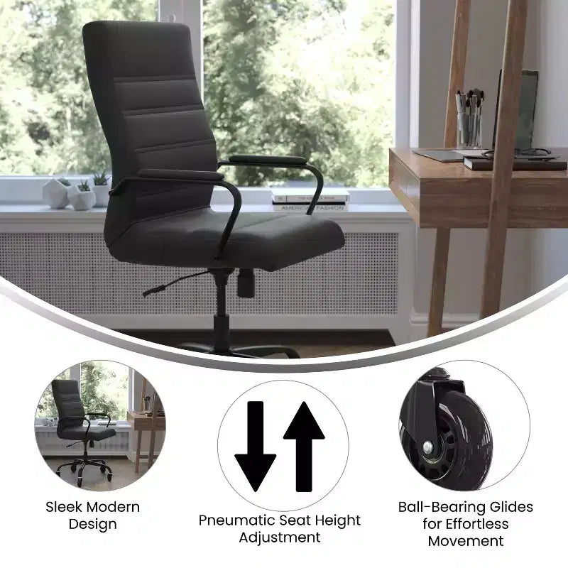 Flash Furniture Whitney, fauteuil de bureau exécutif pivotant à dossier haut avec cadre noir, accoudoirs et roulettes transparentes