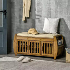 Banc à chaussures HOMCOM avec placards de rangement, Banc d'entrée en bambou avec coussin d'assise, 3 portes, étagère latérale et compartiment caché pour couloir, Marron