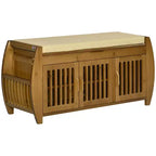 Banc à chaussures HOMCOM avec placards de rangement, Banc d'entrée en bambou avec coussin d'assise, 3 portes, étagère latérale et compartiment caché pour couloir, Marron