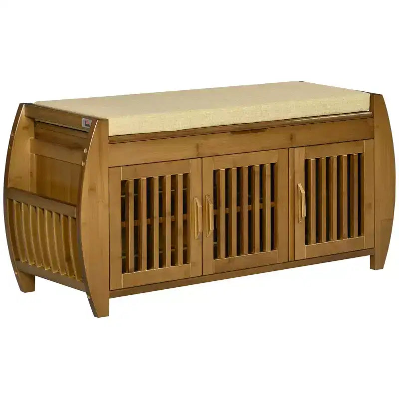 Banc à chaussures HOMCOM avec placards de rangement, Banc d'entrée en bambou avec coussin d'assise, 3 portes, étagère latérale et compartiment caché pour couloir, Marron