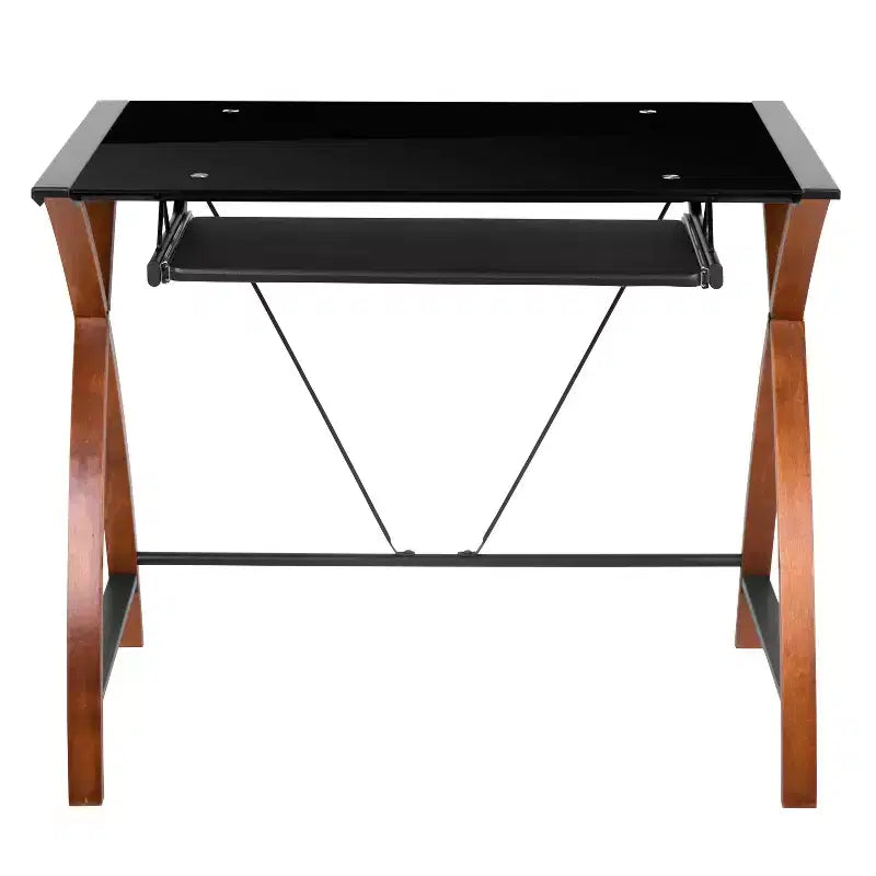 Bureau d'ordinateur d'angle en L Emma et Oliver Glass avec plateau de clavier coulissant