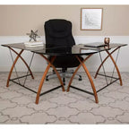 Bureau d'ordinateur d'angle en L Emma et Oliver Glass avec plateau de clavier coulissant