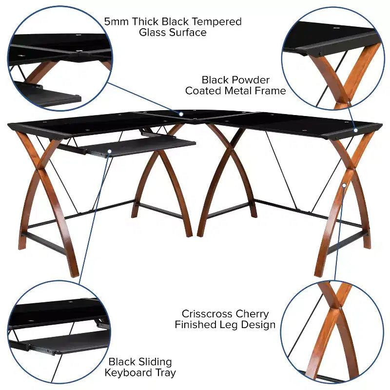 Bureau d'ordinateur d'angle en L Emma et Oliver Glass avec plateau de clavier coulissant