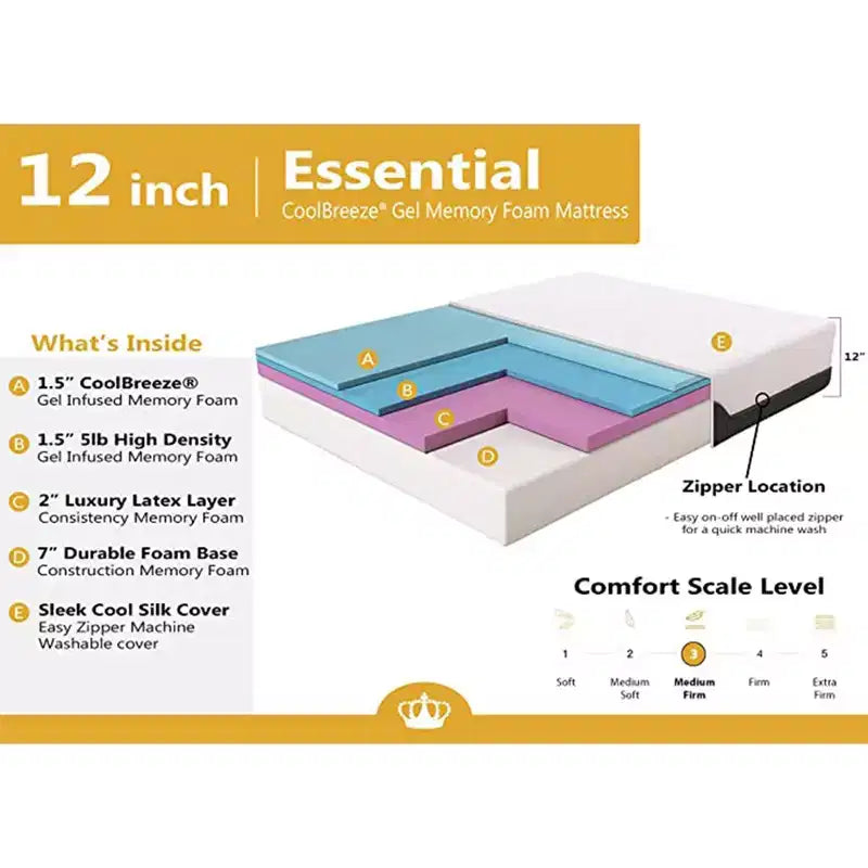 Matelas Dynasty 12 pouces CoolBreeze à fermeté moyenne en mousse à mémoire de forme à cellules ouvertes imprégnée de gel réfrigérant avancé et housse en soie rafraîchissante