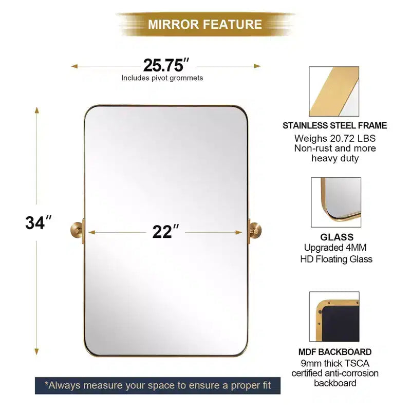ANDY STAR Miroir décoratif mural rectangulaire moderne 22 x 34 pouces pour salle de bain avec cadre en métal en acier inoxydable, or brossé