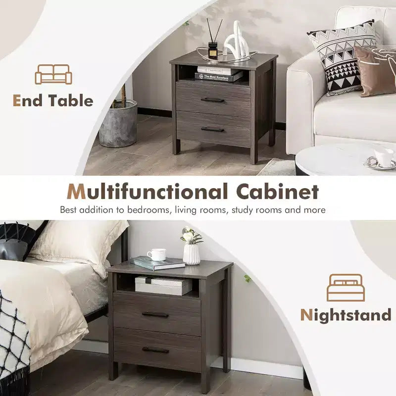 Table de chevet Costway avec tiroirs, Table d'appoint rustique, Compartiment de rangement, Passe-câble, Chêne/Noyer
