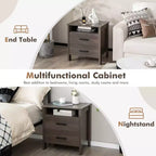 Table de chevet Costway avec tiroirs, Table d'appoint rustique, Compartiment de rangement, Passe-câble, Chêne/Noyer