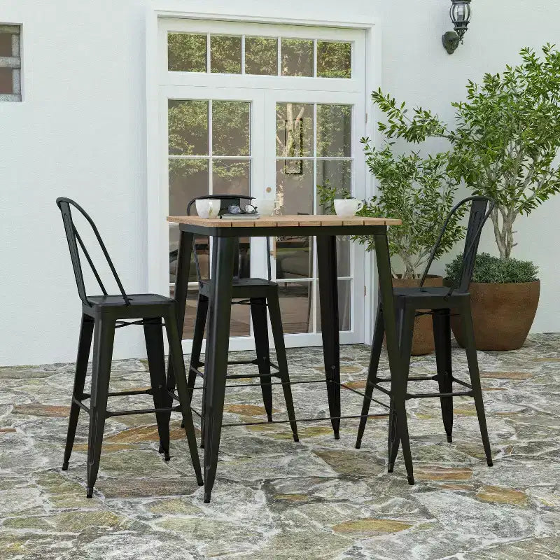 Table haute de bar Merrick Lane pour l'intérieur/l'extérieur, plateau carré en poly-résine tout temps de 80 cm avec base en acier