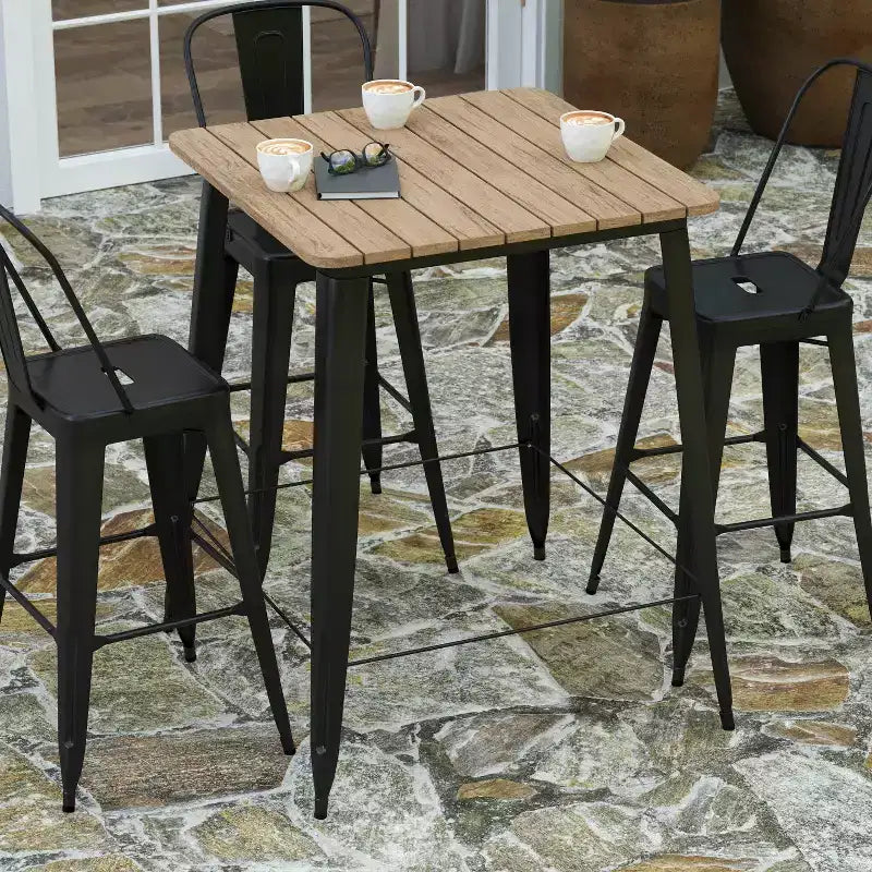 Table haute de bar Merrick Lane pour l'intérieur/l'extérieur, plateau carré en poly-résine tout temps de 80 cm avec base en acier