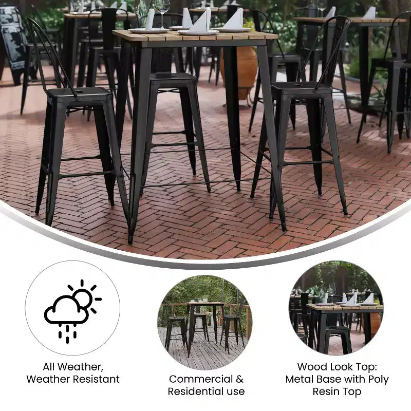 Table haute de bar Merrick Lane pour l'intérieur/l'extérieur, plateau carré en poly-résine tout temps de 80 cm avec base en acier