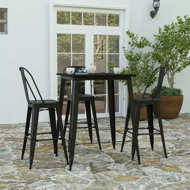 Table haute de bar Merrick Lane pour l'intérieur/l'extérieur, plateau carré en poly-résine tout temps de 80 cm avec base en acier