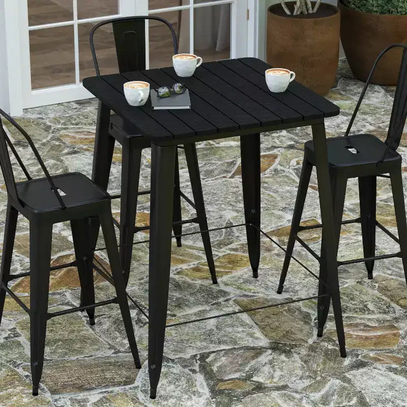 Table haute de bar Merrick Lane pour l'intérieur/l'extérieur, plateau carré en poly-résine tout temps de 80 cm avec base en acier