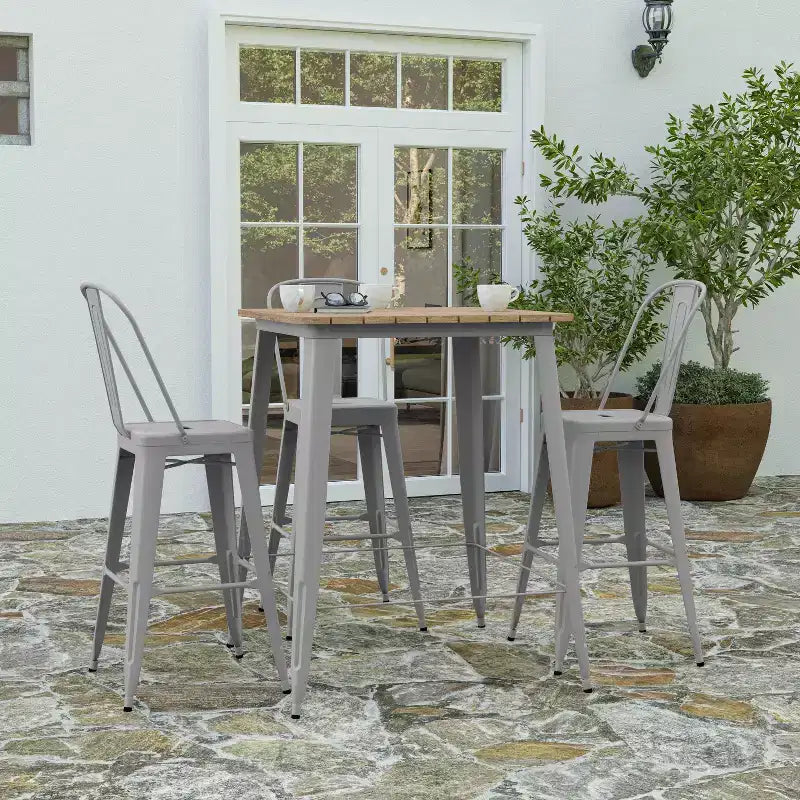 Table haute de bar Merrick Lane pour l'intérieur/l'extérieur, plateau carré en poly-résine tout temps de 80 cm avec base en acier