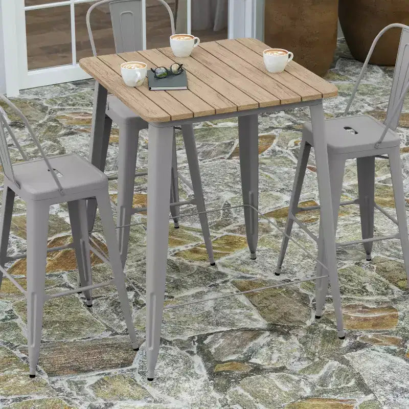 Table haute de bar Merrick Lane pour l'intérieur/l'extérieur, plateau carré en poly-résine tout temps de 80 cm avec base en acier