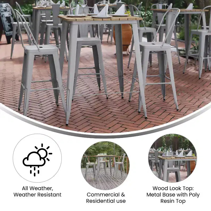 Table haute de bar Merrick Lane pour l'intérieur/l'extérieur, plateau carré en poly-résine tout temps de 80 cm avec base en acier