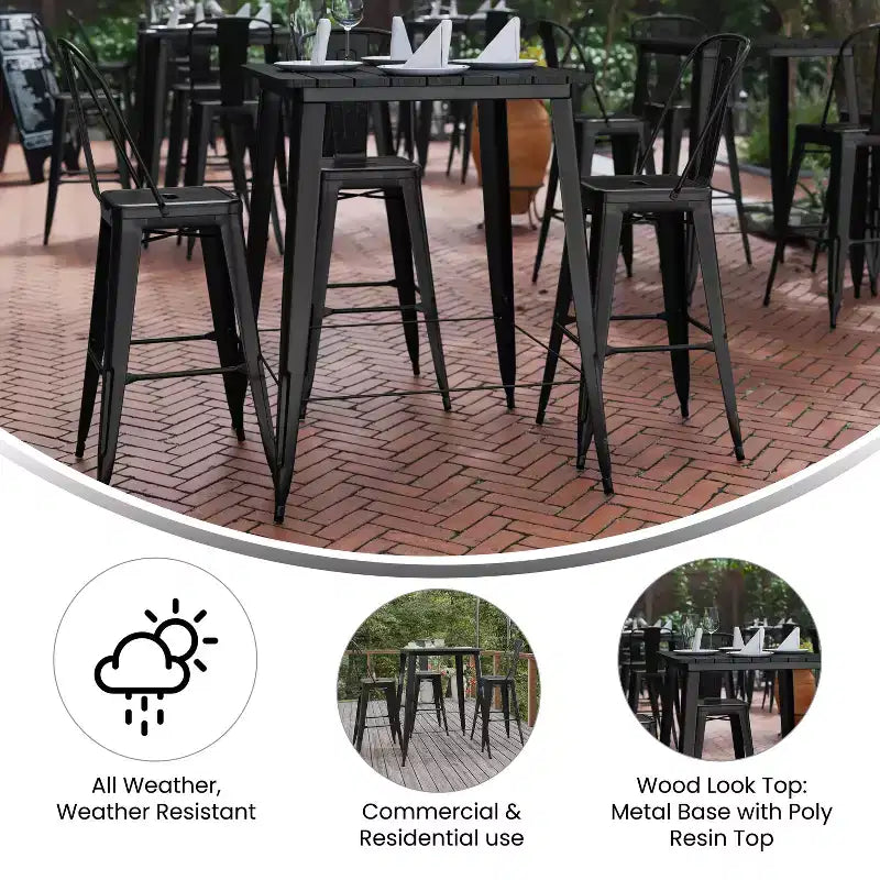 Table haute de bar Merrick Lane pour l'intérieur/l'extérieur, plateau carré en poly-résine tout temps de 80 cm avec base en acier