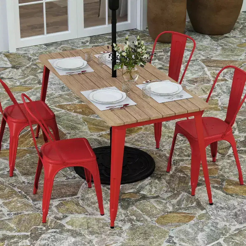 Table à manger d'intérieur/extérieur Merrick Lane avec trou pour parasol, plateau en polyrésine tout temps 30 x 60 et base en acier