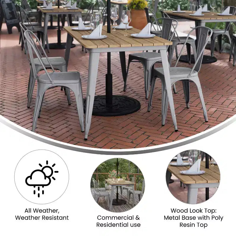 Table à manger d'intérieur/extérieur Merrick Lane avec trou pour parasol, plateau en polyrésine tout temps 30 x 60 et base en acier